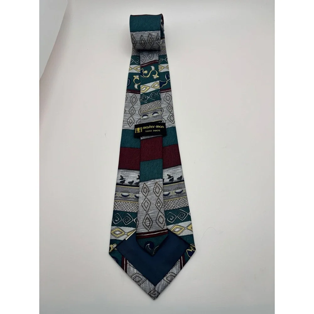 Master-Man Vintage Hand Made Necktie Teal Burgundy Geometric Abstract Pattern